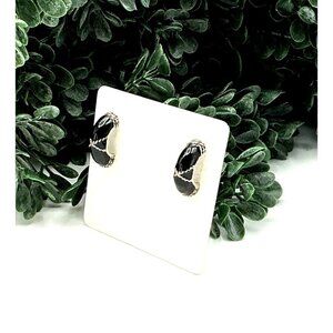 Vintage Style Black Enamel and Silver-Tone Half Hoop Earrings